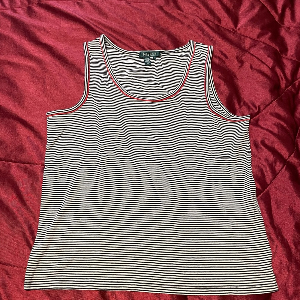 Lauren Ralph Lauren Black and White Striped Tank Top with Red Trim Size 1X